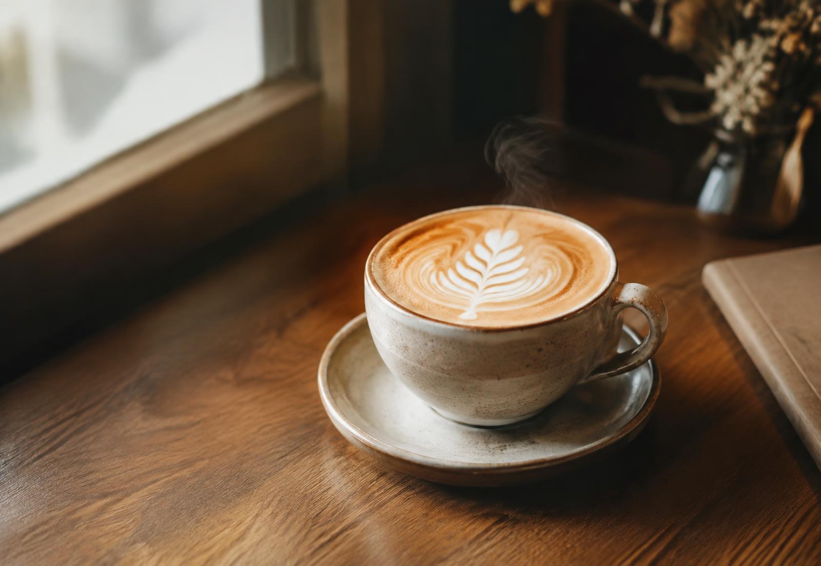 Xícara de café com latte art sobre mesa de madeira